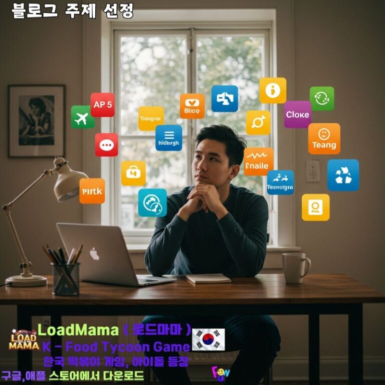 책상에 앉아 고민에 빠진 사람 주위로 여행, 음식, 기술, 개인 금융 등 다양한 블로그 주제 생각