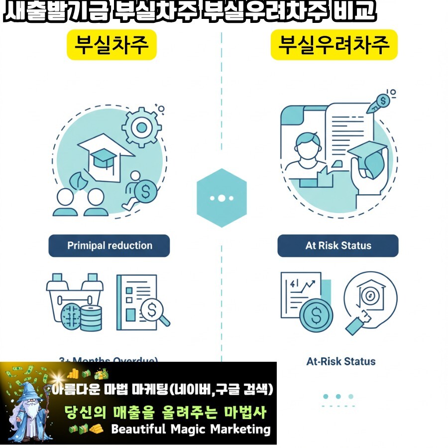 세로로 분할된 깔끔하고 모던한 인포그래픽입니다, 부실차주 부실우려차주 비교